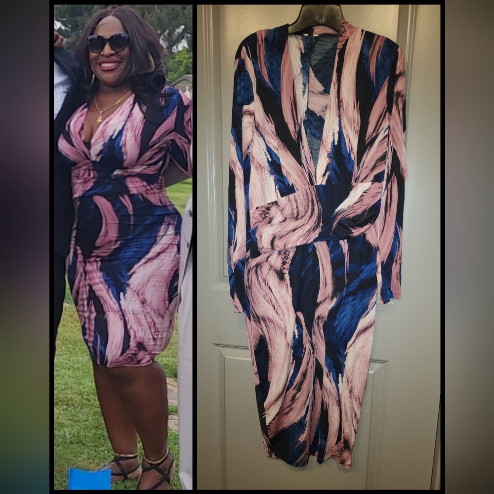 Fashion Nova Pink and Blue Long Sleeve Dress
